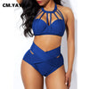 CM.YAYA Sexy Solid Women's Bikinis Set Lace Up Halter Crop Tops High Waist Panties Matching Two Piece Set Outfits Beach Swimsuit