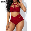 CM.YAYA Sexy Solid Women's Bikinis Set Lace Up Halter Crop Tops High Waist Panties Matching Two Piece Set Outfits Beach Swimsuit