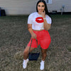 CM.YAYA Women Set Lip Print Short Sleeve Loose Crop Tops Drawstring Waist Elastic Shorts Pockets 2 Piece Set Tracksuit Outfits