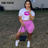 CM.YAYA Women Set Lip Print Short Sleeve Loose Crop Tops Drawstring Waist Elastic Shorts Pockets 2 Piece Set Tracksuit Outfits