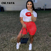 CM.YAYA Women Set Lip Print Short Sleeve Loose Crop Tops Drawstring Waist Elastic Shorts Pockets 2 Piece Set Tracksuit Outfits