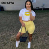 CM.YAYA Women Set Lip Print Short Sleeve Loose Crop Tops Drawstring Waist Elastic Shorts Pockets 2 Piece Set Tracksuit Outfits