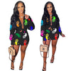 CM.YAYA Women Set Print Full Sleeve Turn-down Collar Bandage Tops Stretchy Shorts Two 2 Piece Set Active Tracksuit Summer Outfit