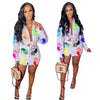 CM.YAYA Women Set Print Full Sleeve Turn-down Collar Bandage Tops Stretchy Shorts Two 2 Piece Set Active Tracksuit Summer Outfit