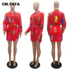 CM.YAYA Women Set Print Full Sleeve Turn-down Collar Bandage Tops Stretchy Shorts Two 2 Piece Set Active Tracksuit Summer Outfit