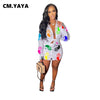 CM.YAYA Women Set Print Full Sleeve Turn-down Collar Bandage Tops Stretchy Shorts Two 2 Piece Set Active Tracksuit Summer Outfit