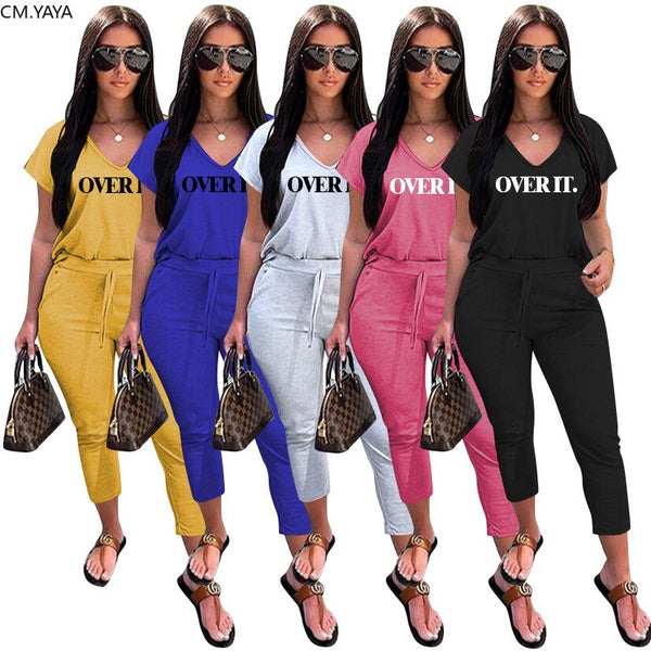 CM.YAYA summer Women overit letter v-neck tee top pencil jogger sweatpants suit two piece set sport matching set outfit