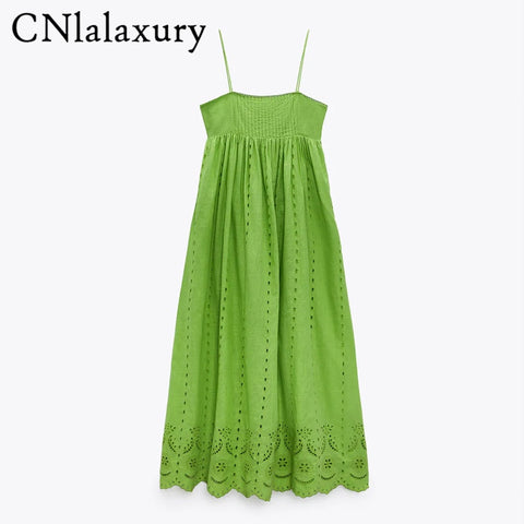 CNlalaxury  Green Embroidery Party Long Dress Women  Pleated Strap Midi Dress Sexy Backless Summer Beach Dresses 2022