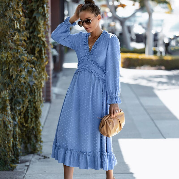 Casual Polka-Dot Woman Dress Women Boho Loose Long Sleeve Midi Dress Spring Elegant Ladies V Neck Long Dresses Vintage Sundress