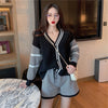 Casual Stripe Splicing Knitted Two Piece Sets Women Loose Autumn Long Sleeve Top Shorts Sets Korean Street Cardigan Suit