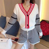 Casual Stripe Splicing Knitted Two Piece Sets Women Loose Autumn Long Sleeve Top Shorts Sets Korean Street Cardigan Suit