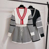 Casual Stripe Splicing Knitted Two Piece Sets Women Loose Autumn Long Sleeve Top Shorts Sets Korean Street Cardigan Suit