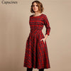 Classic England Style Red Plaid Dress Women Autumn 3/4 Sleeves O-Neck Sashes A-Line Casual Dress Vintage Midi Party Dresses