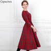 Classic England Style Red Plaid Dress Women Autumn 3/4 Sleeves O-Neck Sashes A-Line Casual Dress Vintage Midi Party Dresses