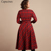 Classic England Style Red Plaid Dress Women Autumn 3/4 Sleeves O-Neck Sashes A-Line Casual Dress Vintage Midi Party Dresses