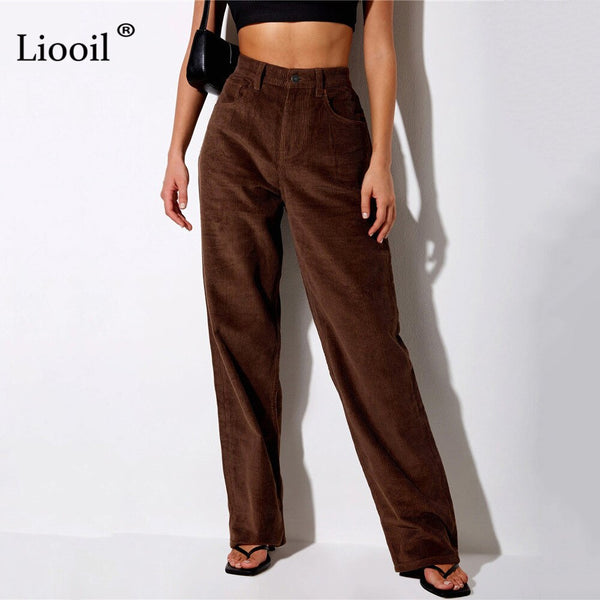 Corduroy Loose Straight Leg Pants Woman High Waist Slack Fall Winter With Pockets Streetwear Baggy Trousers Brown Mon Long Pants