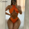 CuteSolid Aesthetic Two Piece Sets Women's Outfits Sexy Halter Cross Lace Up Backless Top + Briefs Matching Beach Lady Suit