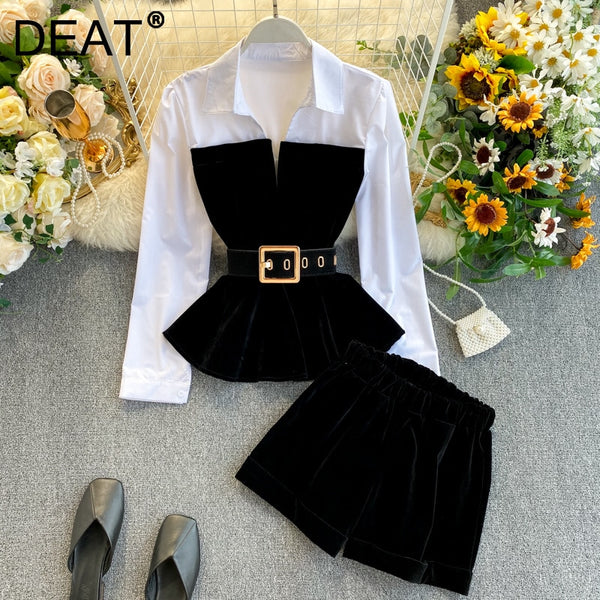 DEAT 2023  Autumn Winter  Long Sleeve Velvet Tops With Belt Elastic Shorts Two Piece Set Women MH334