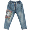 [EWQ] New Fashion Summer loose lace-up elastic waist pockets hole embroidered calf-length denim pants women QD035