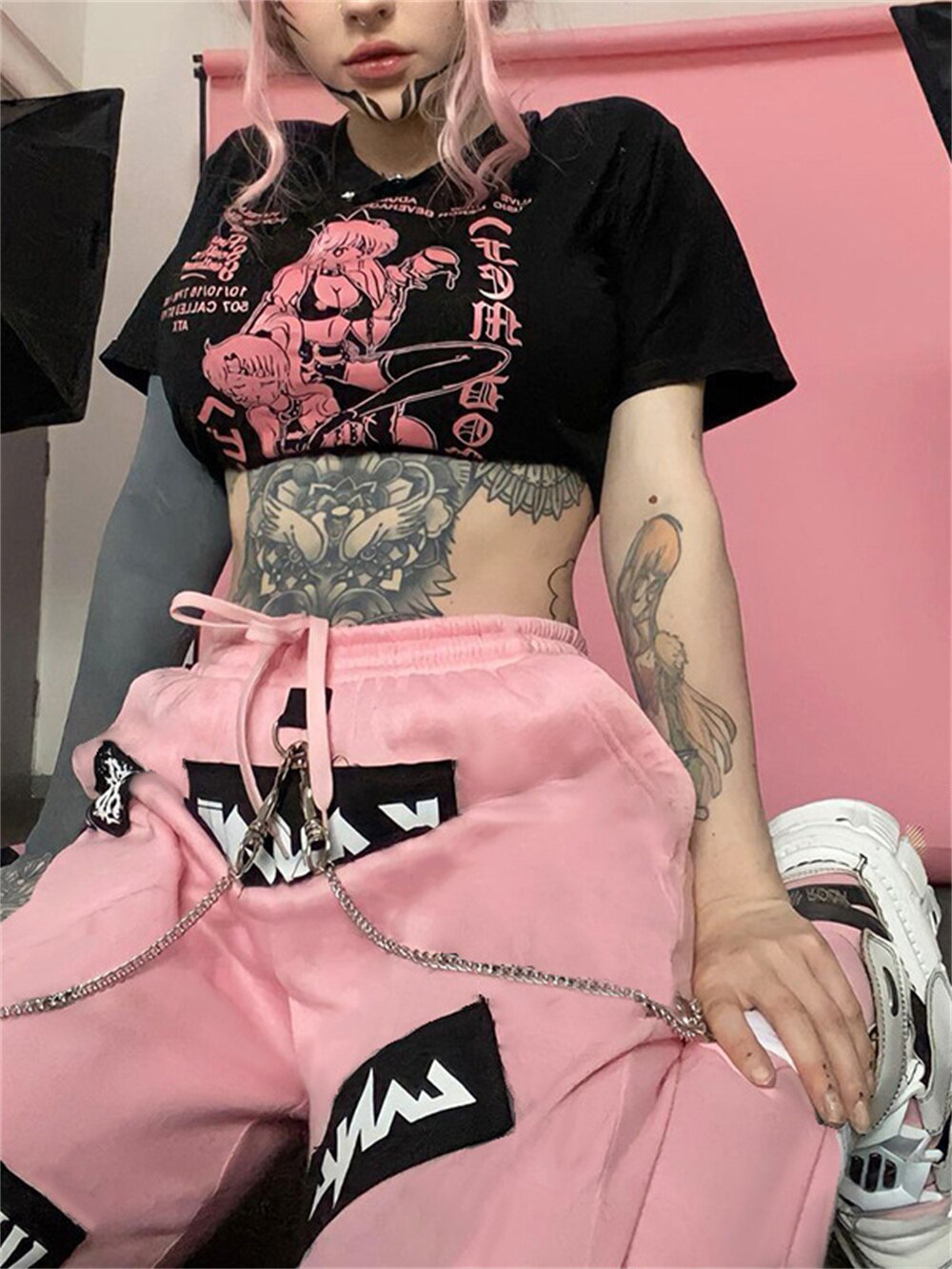 Egirl Y2k Track Pink Pants for Women Goth Print Jogging Slim Fit Sport
