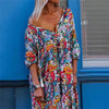 Elegant Autumn 3/4 Sleeve Boho Party Dress  Sexy V-Neck Tassel Long Dress Casual Vintage Printed Loose Women Beach Dress