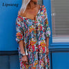 Elegant Autumn 3/4 Sleeve Boho Party Dress  Sexy V-Neck Tassel Long Dress Casual Vintage Printed Loose Women Beach Dress