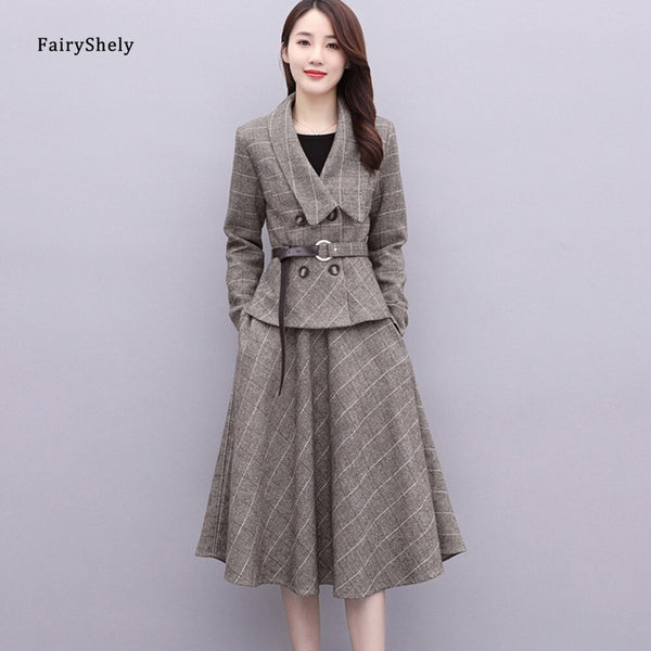 FairyShely Korean Buttons Woolen Skirt Suit Women 2022 Autumn Winter Office Belt Elegant Suit Plaid Jacket Skirt 2 Piece Suit
