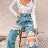 Blue Hole Straight Wide Leg Trousers Y2k Hollow Cargo Pants Women Mom Jeans Ripped Jeans Women Baggy High Waisted Pants