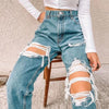 Blue Hole Straight Wide Leg Trousers Y2k Hollow Cargo Pants Women Mom Jeans Ripped Jeans Women Baggy High Waisted Pants