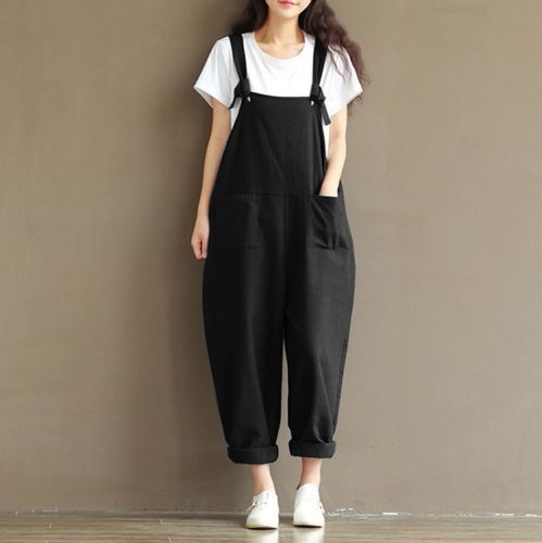 Fashion Casual Women Ladies Girls Cotton Loose Jumpsuits Playsuits Bodysuits Trousers Black Blue Coffee