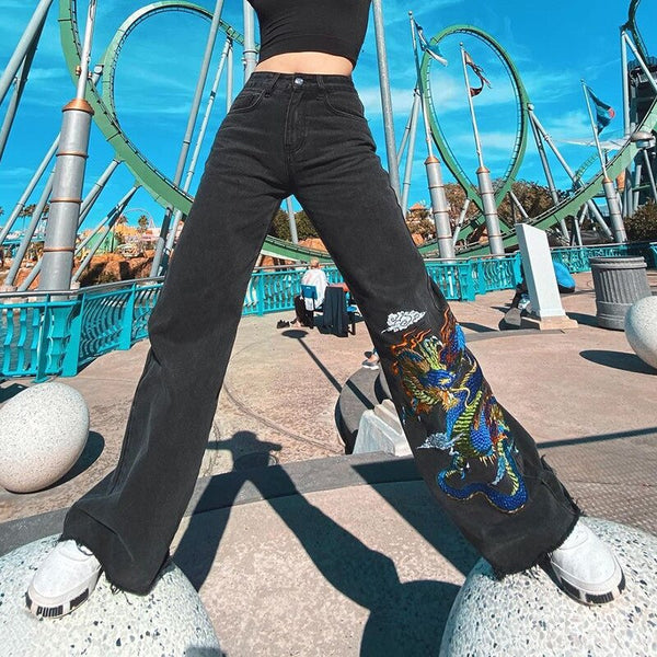 Pattern Printed Denim Pants Steampunk High Waist Big Pocket Straight Trousers Harajuku Y2K Black Mall Goth Vintage Pants