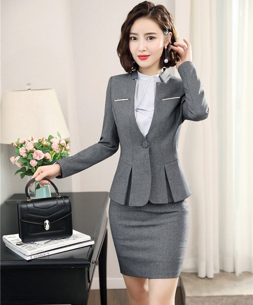 Formal Grey Blazers Women Elegant Skirt Suit Ladies Work Wear