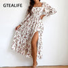 GTEALIFE Bohemian Floral Square Collar High Waist Pleated Shirred Flounce Sleeve Midi Backless Elegant Beach Dress Lady Fall