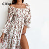 GTEALIFE Bohemian Floral Square Collar High Waist Pleated Shirred Flounce Sleeve Midi Backless Elegant Beach Dress Lady Fall