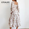 GTEALIFE Bohemian Floral Square Collar High Waist Pleated Shirred Flounce Sleeve Midi Backless Elegant Beach Dress Lady Fall