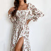 GTEALIFE Bohemian Floral Square Collar High Waist Pleated Shirred Flounce Sleeve Midi Backless Elegant Beach Dress Lady Fall