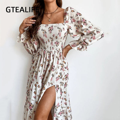 GTEALIFE Bohemian Floral Square Collar High Waist Pleated Shirred Flounce Sleeve Midi Backless Elegant Beach Dress Lady Fall