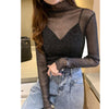 Girls Mesh Blouses Tees Female Autumn Transparent Full Sleeve Elegant Stretchy Turtleneck Shirts Tops Undershirts For Women