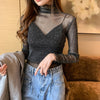 Girls Mesh Blouses Tees Female Autumn Transparent Full Sleeve Elegant Stretchy Turtleneck Shirts Tops Undershirts For Women