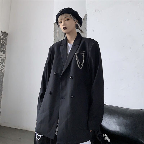 Gothic Style Black Suit Jackets for Teenage Girls Trends Casual Clothes Women Double Breasted Blazer Top Punk Streetwear