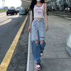 Gradient Jeans Women Hole Retro Streetwear Chic Ripped Button-fly Wide-leg Trousers Loose All-match Cool Students Female