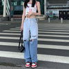 Gradient Jeans Women Hole Retro Streetwear Chic Ripped Button-fly Wide-leg Trousers Loose All-match Cool Students Female