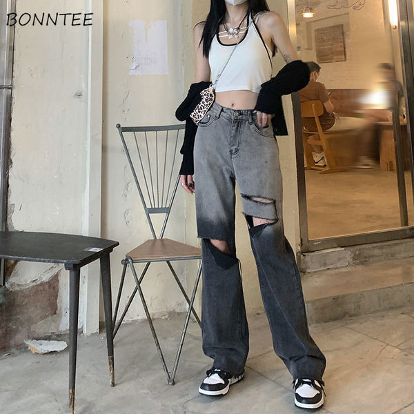 Gradient Jeans Women Hole Retro Streetwear Chic Ripped Button-fly Wide-leg Trousers Loose All-match Cool Students Female