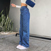 HEYounGIRL Casual Argyle Woman Jeans Straight High Waist Pants Capris Froll Plaid Long Denim Trousers Streetwear