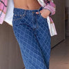 HEYounGIRL Casual Argyle Woman Jeans Straight High Waist Pants Capris Froll Plaid Long Denim Trousers Streetwear