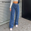 HEYounGIRL Casual Argyle Woman Jeans Straight High Waist Pants Capris Froll Plaid Long Denim Trousers Streetwear