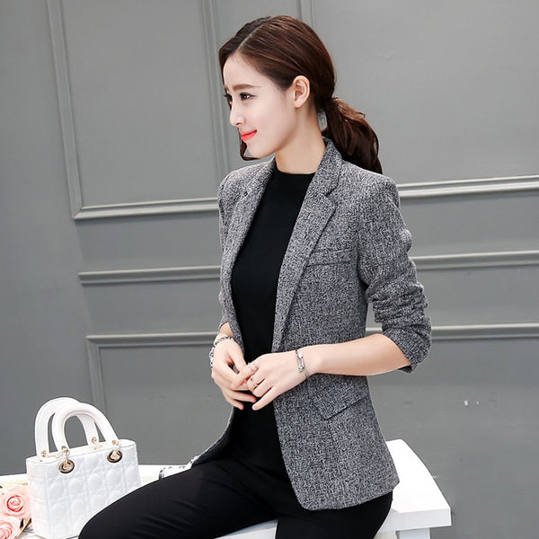 Spring Autumn Slim Long Sleeve Single Button Women Blazer Jacket Gray S-3XL Plus Size