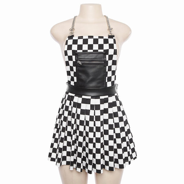 Harajuka Checkerboard Pattern Women Dresses High Street Sexy Backless Punk Sleeveless Chain Straps Dress Summer Fashion