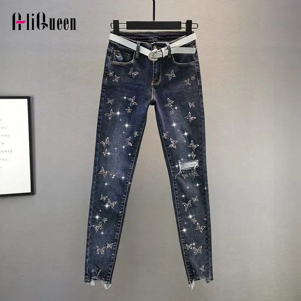 High Waisted Butterfly Embroidery Diamonds Ripped Jeans for Women Blue Pencil Denim Pants Trousers 3XL Plus Size Super Stretchy