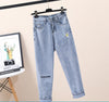 High waist slim foot nine point jeans women 2022 spring and autumn sequin patch Joker slim pencil pants